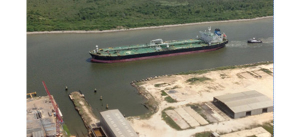 A ship in the Sabine-Neches Waterway, under the watchful eyes of several cameras.