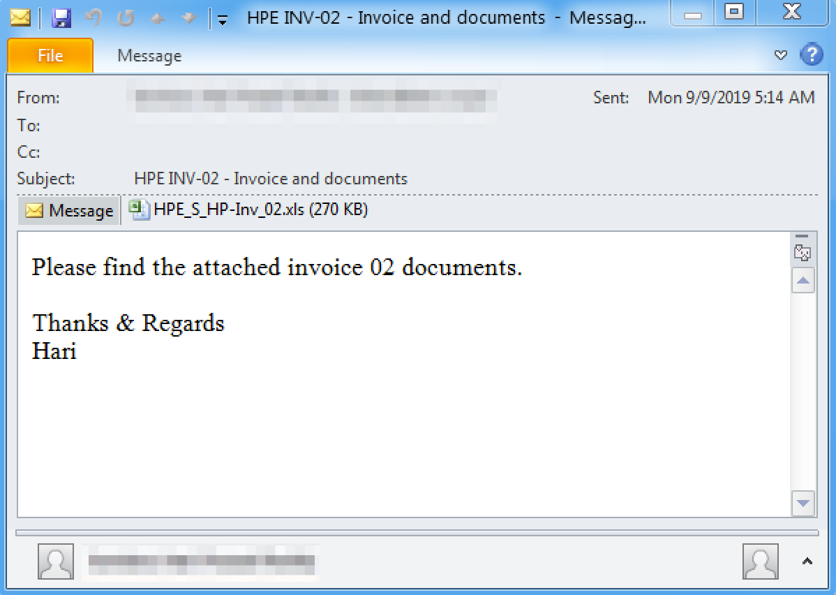 Example email delivering a malicious Microsoft Excel spreadsheet 