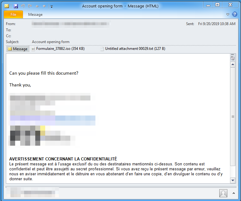 Email delivering an ISO attachment in a French-language email targeting Canada.