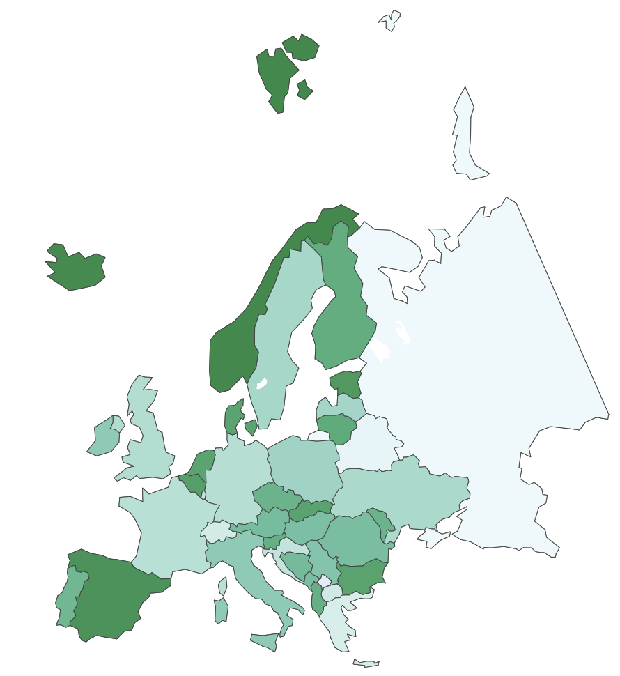 Percentage change in users that switched between multiple IP subnets in Europe. Darker colors indicate a higher percentage decline.